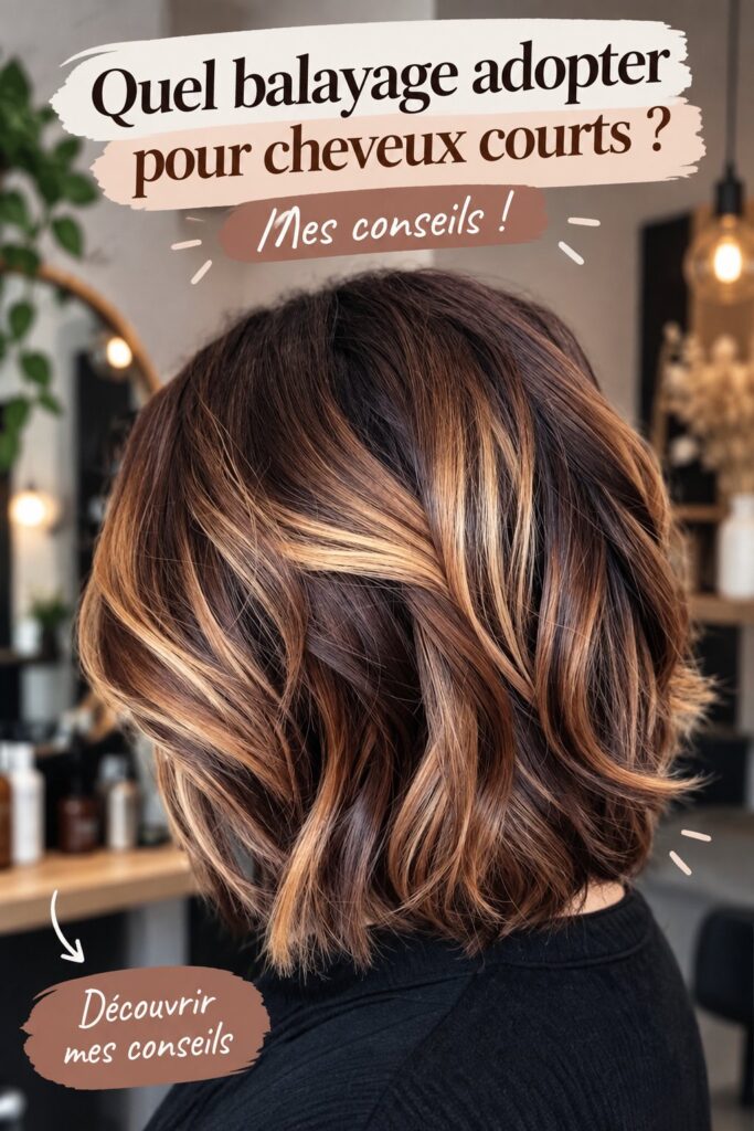 Femme avec des cheveux courts présentant un balayage tendance, look moderne et lumineux.