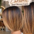 Un magnifique balayage caramel sur cheveux courts, soulignant la texture et la couleur.