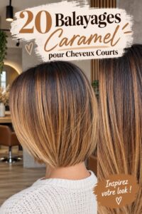 Un magnifique balayage caramel sur cheveux courts, soulignant la texture et la couleur.