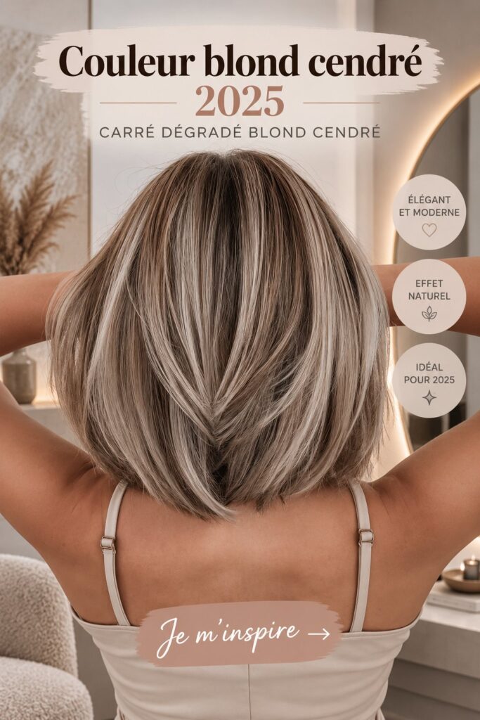 Femme avec un bob blond cendré, mettant en valeur la coupe moderne et élégante.