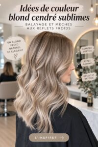 Coiffure avec un blond cendré lumineux à la lumière naturelle.