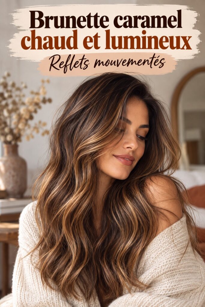 Modèle avec des cheveux bruns aux reflets caramel lumineux