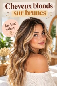 Femme avec des cheveux bruns et des mèches blondes éclatantes