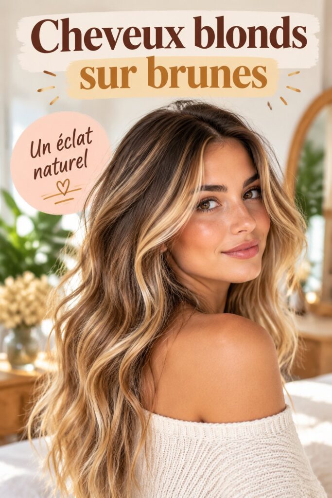 Femme avec des cheveux bruns et des mèches blondes éclatantes