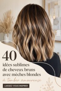 Femme avec des cheveux bruns et mèches blondes en plein soleil, montrant un look chic et tendance.