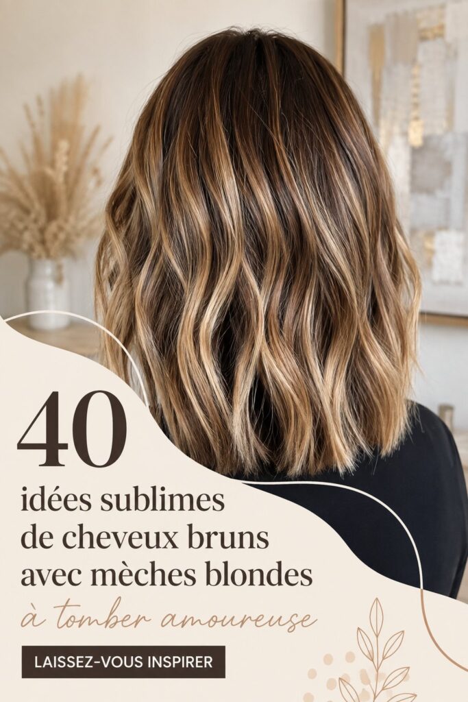 Femme avec des cheveux bruns et mèches blondes en plein soleil, montrant un look chic et tendance.