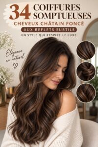 Coiffure châtain foncé avec reflets élégants, style chic et moderne