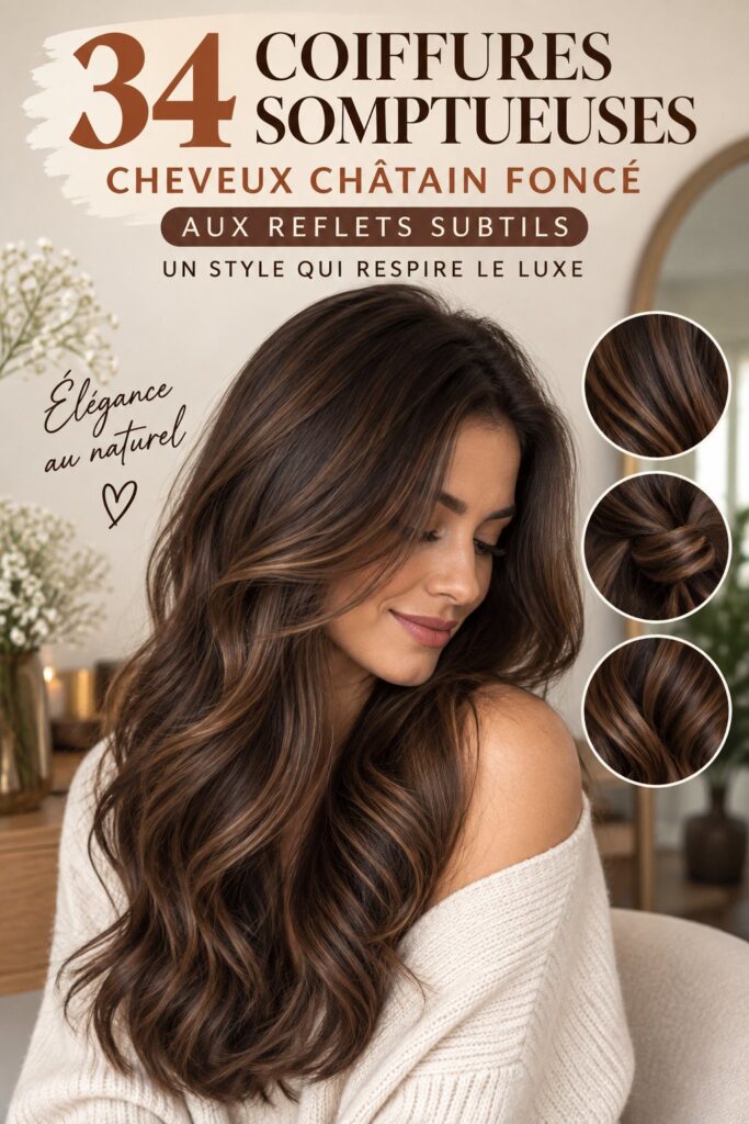 Coiffure châtain foncé avec reflets élégants, style chic et moderne