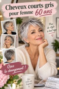 Femme de 60 ans avec une coupe de cheveux gris courts élégante.