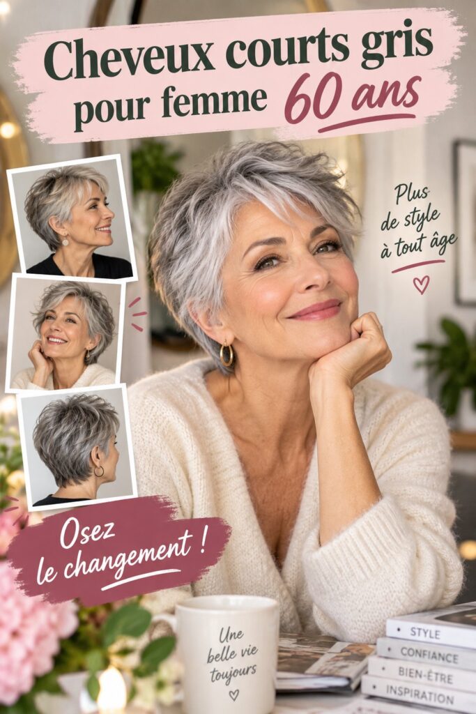 Femme de 60 ans avec une coupe de cheveux gris courts élégante.