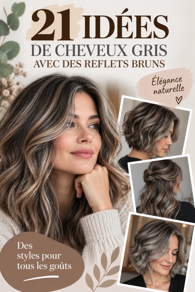 Cheveux gris avec des reflets marron stylés, offrant un look moderne et lumineux.