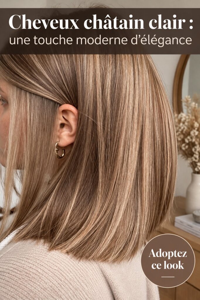 Femme avec des cheveux châtain clair, style moderne et élégant.