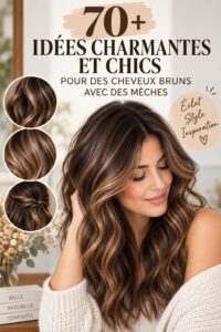 Coiffure élégante avec des reflets sur cheveux bruns, style moderne