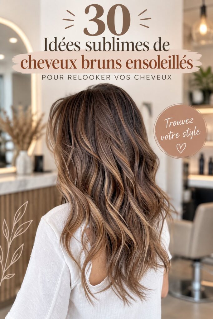 Coiffure brunette avec des reflets ensoleillés sur fond clair.