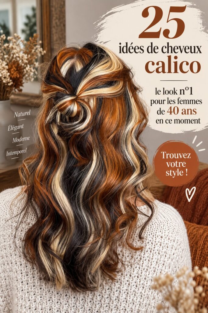 Femme avec une coiffure calico élégante, mettant en valeur des nuances variées et harmonieuses.