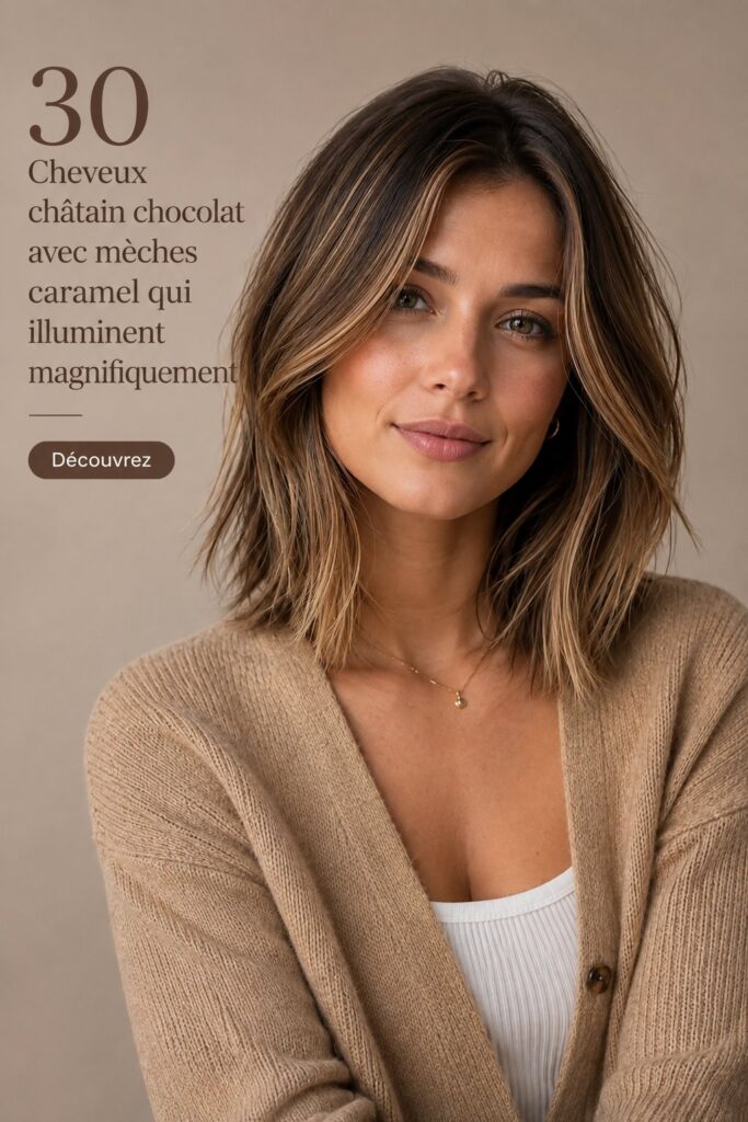 Femme avec des cheveux marron chocolat et reflets caramel lumineux.