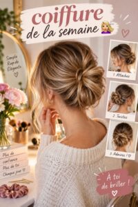 Coiffure élégante et moderne présentée sur une femme souriante.