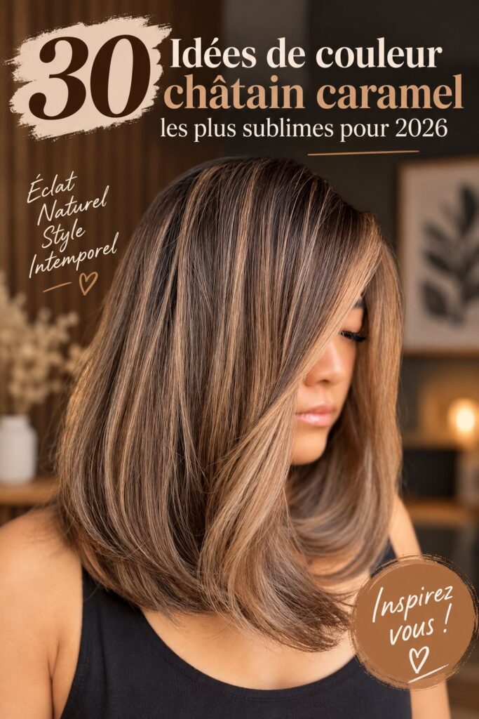 Femme avec des cheveux longs brun caramel brillants