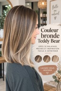Photo d'une femme avec des cheveux bronde teddy bear élégamment coiffés.