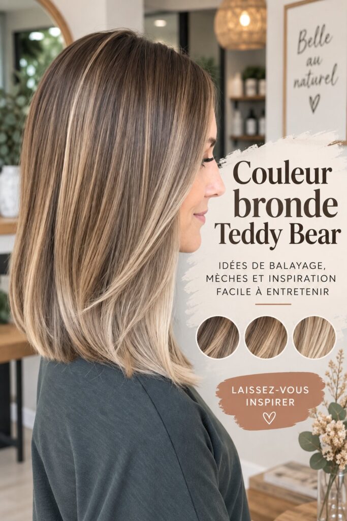 Photo d'une femme avec des cheveux bronde teddy bear élégamment coiffés.