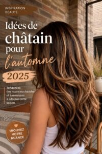 Femme avec des cheveux bruns aux reflets chauds pour l'automne