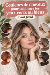 Femme avec des cheveux blonds lumineux et des yeux verts éclatants, mettant en valeur son teint frais.