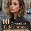 Couleur Teddy Bronde sur des cheveux courts, mélange de blond et brun.