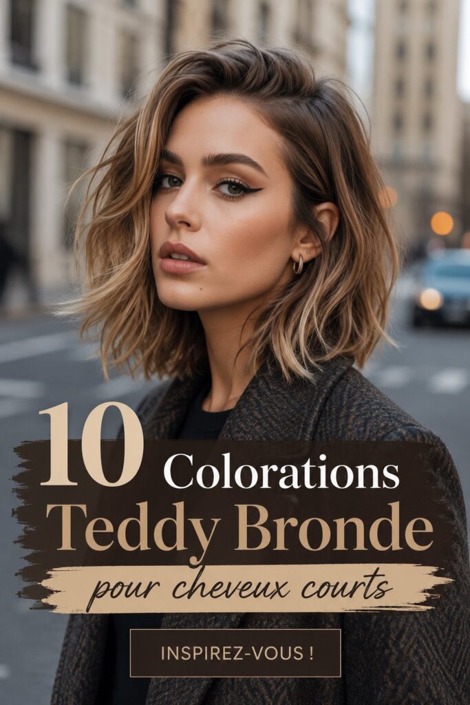 Couleur Teddy Bronde sur des cheveux courts, mélange de blond et brun.