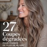 Femme de 40 ans avec une coupe de cheveux en couches élégante.