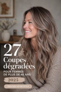 Femme de 40 ans avec une coupe de cheveux en couches élégante.
