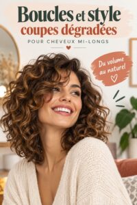 Femme avec une coupe en couches pour cheveux bouclés montrent un look moderne et stylé.