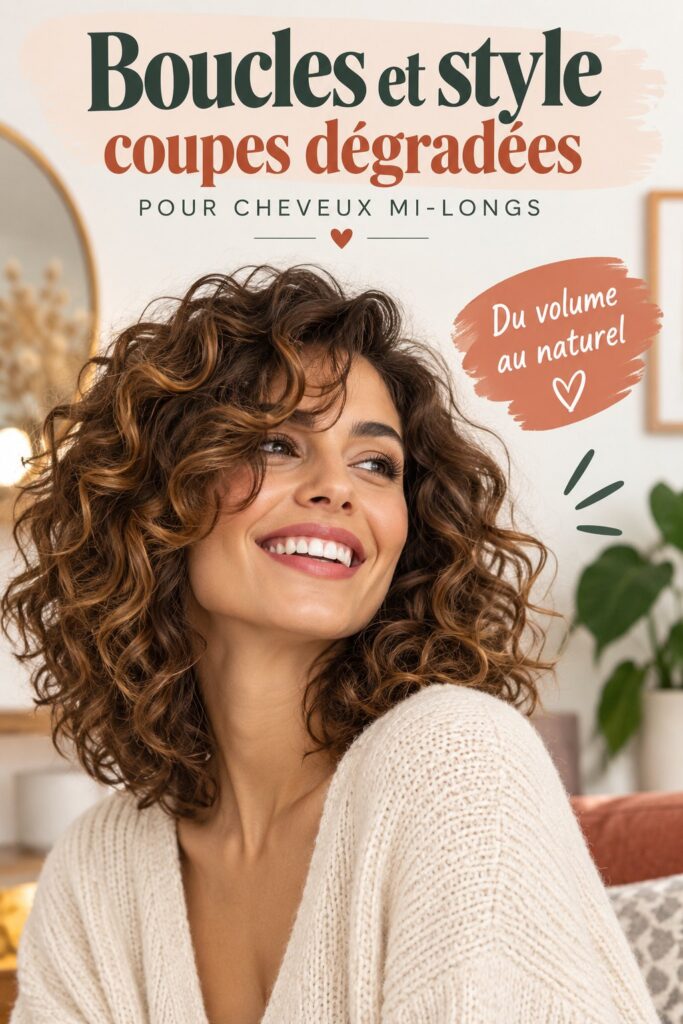 Femme avec une coupe en couches pour cheveux bouclés montrent un look moderne et stylé.