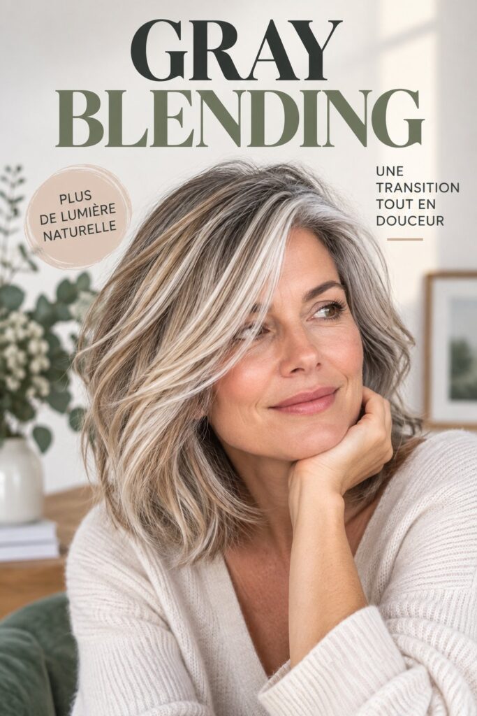 Cheveux avec une technique de gray blending montrant des nuances de gris
