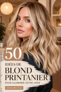 Femme avec une magnifique coiffure blonde au printemps, mettant en valeur son look lumineux.