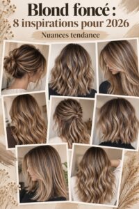 Femme avec des cheveux blonds foncés brillants et tendance