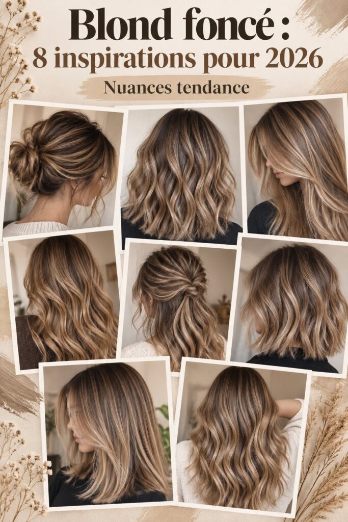 Femme avec des cheveux blonds foncés brillants et tendance