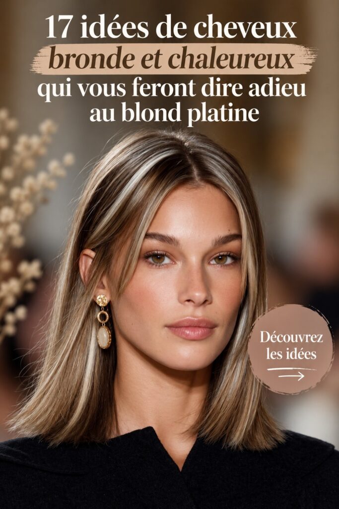 Modèle présentant une coiffure bronde chaud lumineuse.
