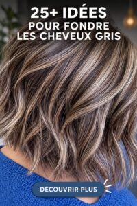 Une femme avec des cheveux gris sublimes et une coiffure élégante.