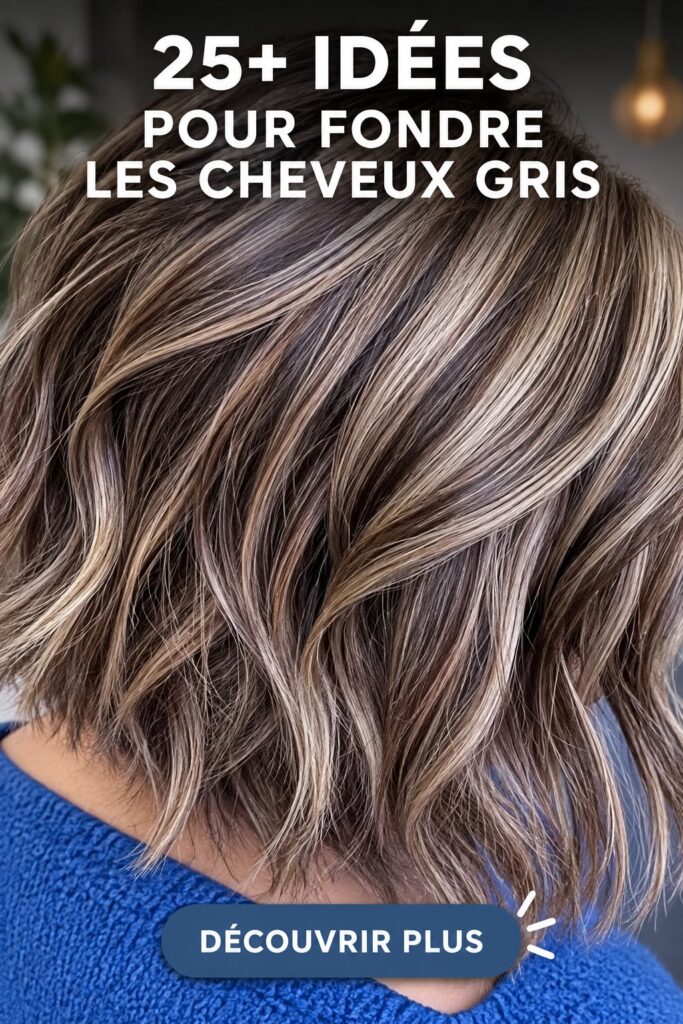 Une femme avec des cheveux gris sublimes et une coiffure élégante.