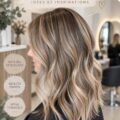 Coiffure châtain avec mèches brillantes et stylées