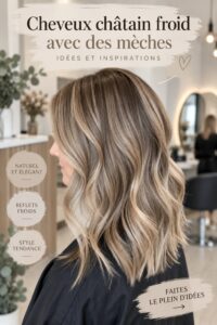 Coiffure châtain avec mèches brillantes et stylées