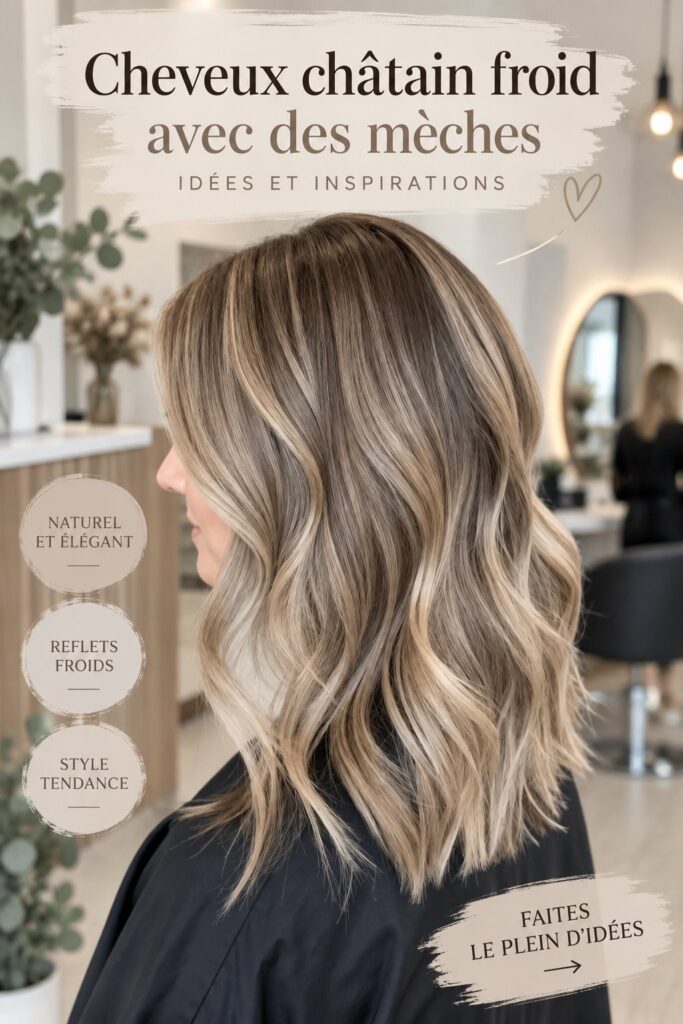 Coiffure châtain avec mèches brillantes et stylées