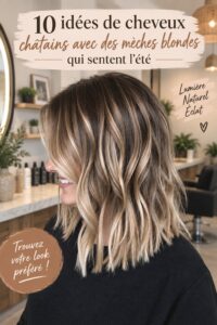 Coiffure châtain avec mèches blondes, style estival élégant