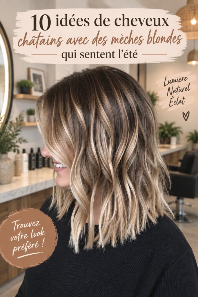 Coiffure châtain avec mèches blondes, style estival élégant
