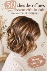 Femme avec des cheveux brun clair et des reflets lumineux, style moderne.
