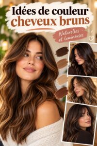 Femme avec des cheveux bruns brillants mettant en valeur différentes nuances de colorations