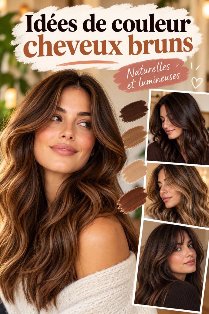 Femme avec des cheveux bruns brillants mettant en valeur différentes nuances de colorations