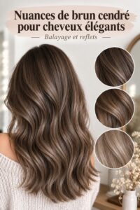 femme avec des cheveux brun cendré foncé stylés et brillants