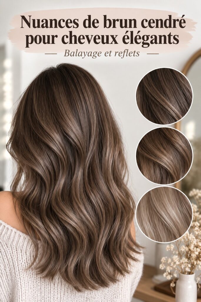 femme avec des cheveux brun cendré foncé stylés et brillants