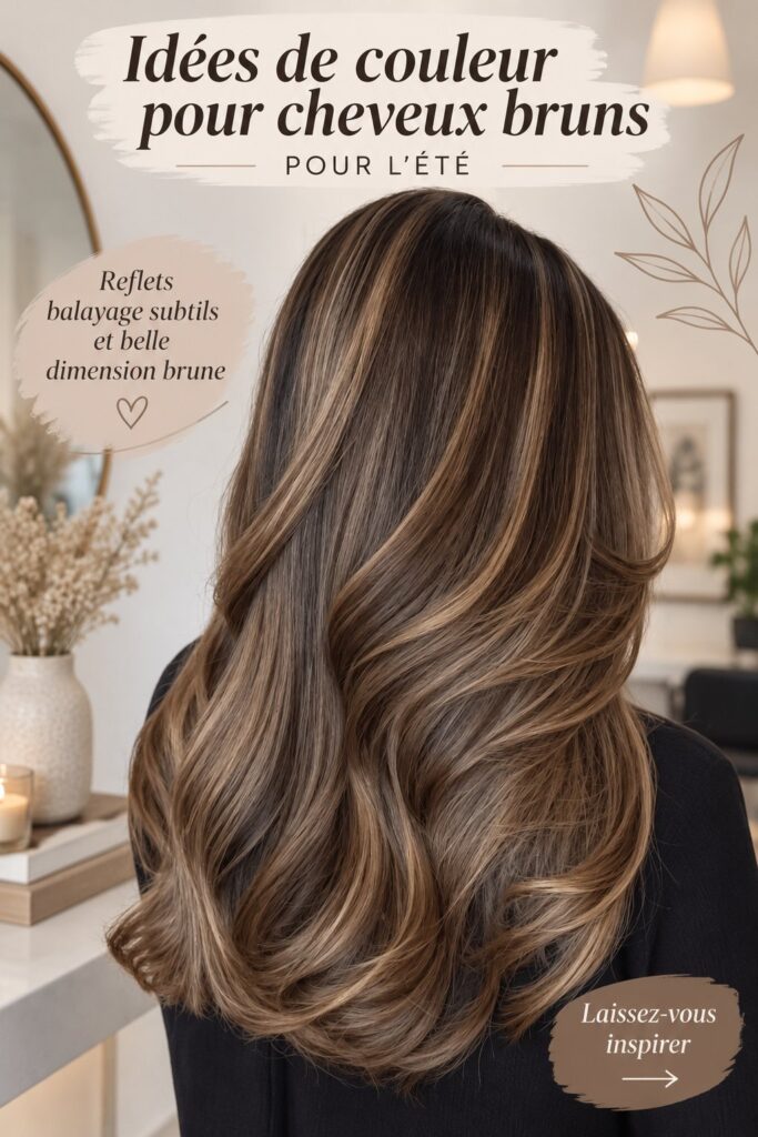 Femme aux cheveux châtain avec balayage doux dans un cadre estival